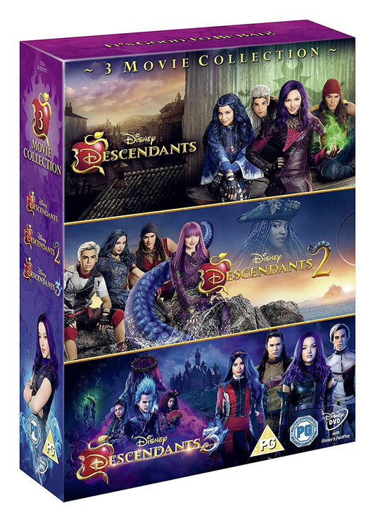 Purple DVD box set featuring the "Descendants" trilogy with character images on its front.