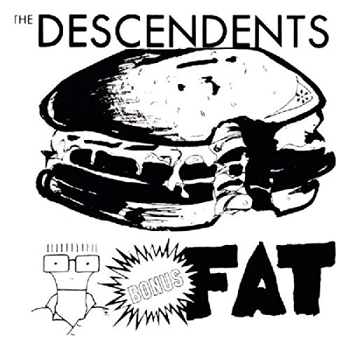 Black and white album cover for The Descendents featuring a burger and robot.