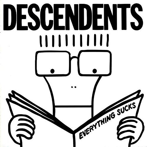Descendents album cover: cartoon face wearing glasses reading “Everything Sucks”.
