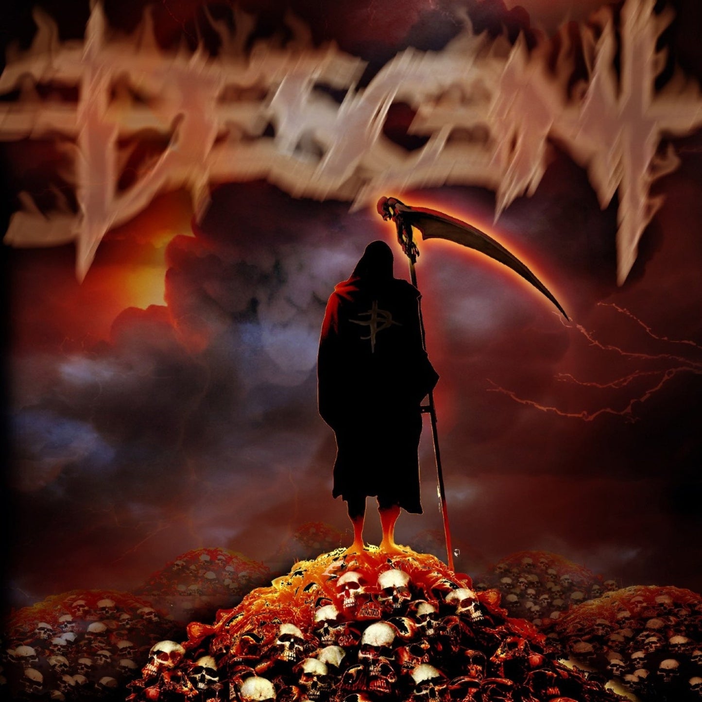 A grim reaper holding a scythe stands atop a pile of skulls against dark clouds.