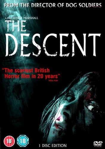 DVD cover for horror film "The Descent" with a distressed face.