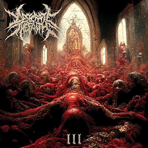 Dark album cover depicting a chaotic, bloody scene inside a church.