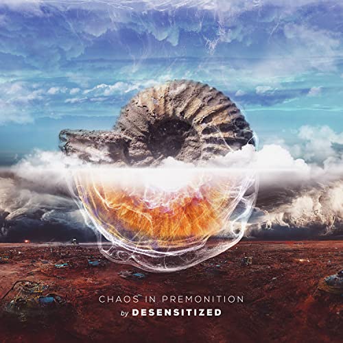 CD cover: ammonite fossil floating above stormy, desolate landscape.
