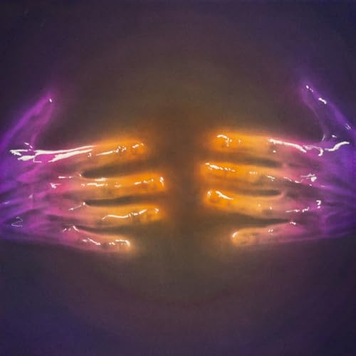 Vinyl record cover with abstract, glowing orange and purple hands.