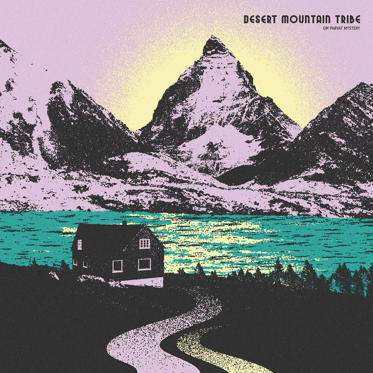 Record cover depicting a mountain, lake, small house, and winding path.