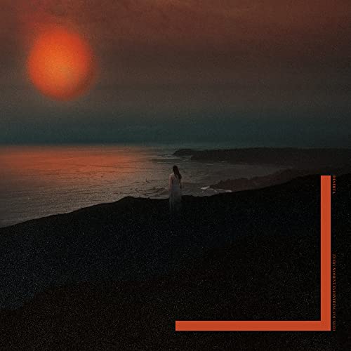 A person stands on a dark cliff overlooking a sea under a large orange sun.