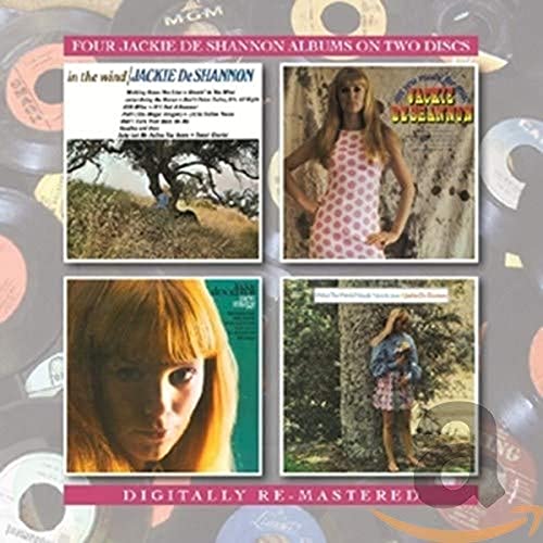 A collage of four Jackie DeShannon album covers against a background of vinyl records.