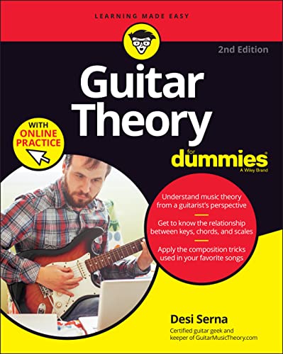 Book cover of Guitar Theory for Dummies showing a man playing an electric guitar.