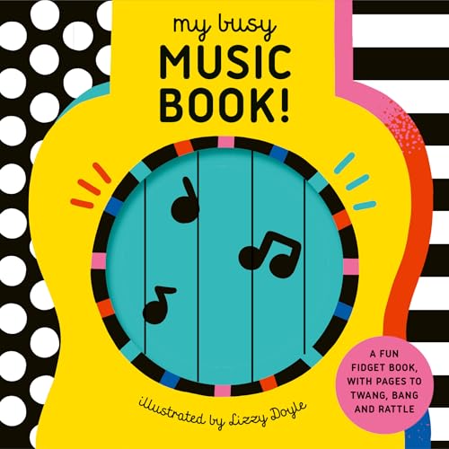 Bright yellow children’s book with musical notes and textured elements.