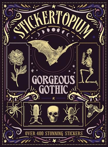 Black sticker book cover with gothic illustrations: bat, skull, skeleton, flowers.