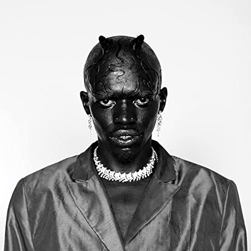 A black-and-white portrait of a person with dark skin, horns, and jewelry against a white background.