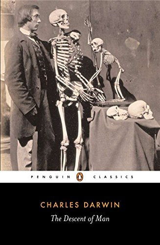 Book cover: Charles Darwin’s “The Descent of Man” with skeletons and portrait.