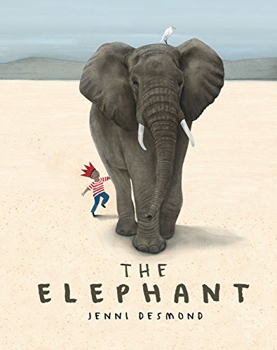 Large gray elephant with a bird on its head and a small figure.