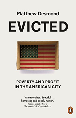 Book cover of Evicted by Matthew Desmond featuring an American flag inside a cardboard box.