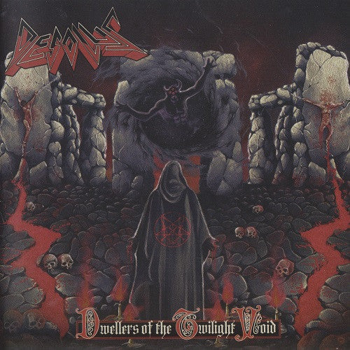 Dark album cover featuring a hooded figure before stone monoliths.