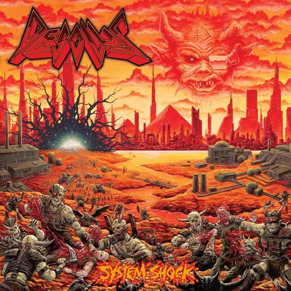 Album cover for "System Shock" with a dystopian, fiery landscape and monsters.