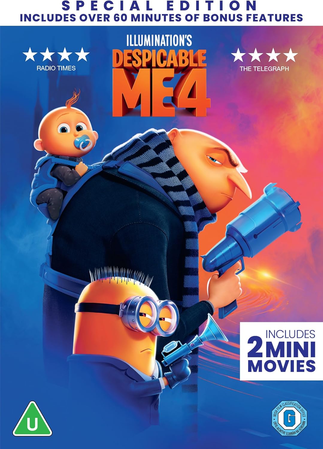 Despicable Me 4 DVD cover featuring Gru, Minions, and a baby.