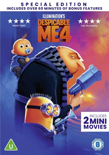 Despicable Me 4" DVD cover featuring Gru, a Minion, and a baby.