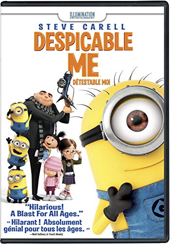 Despicable Me" DVD cover featuring Gru, Minions, and three girls.