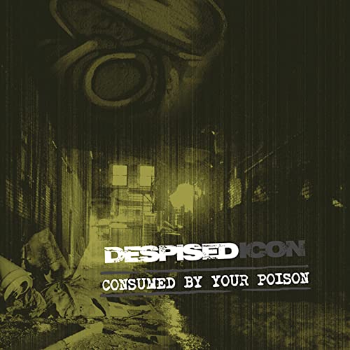 Album cover: person in gas mask, dystopian city background, band name.