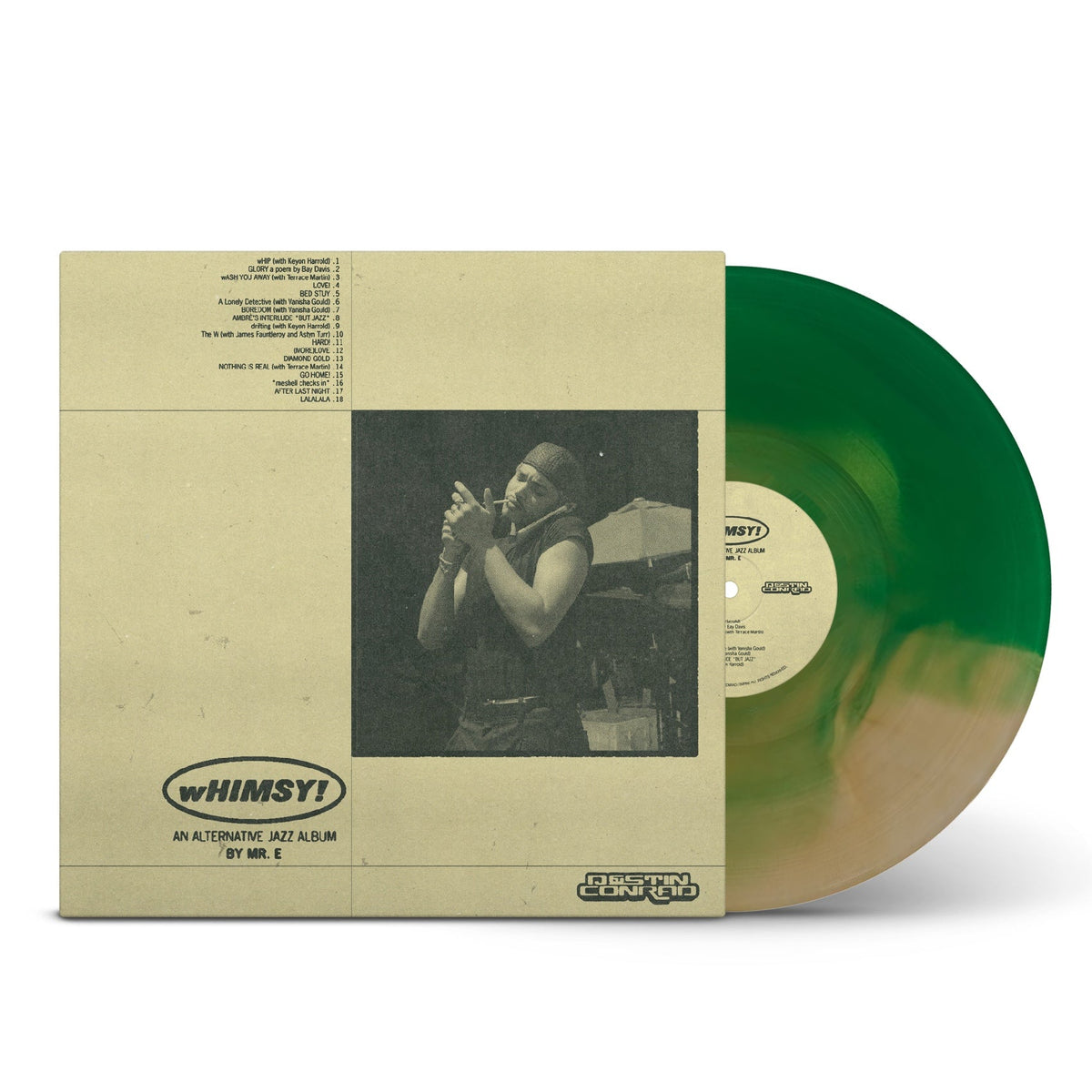 Vinyl LP of Destin Conrad’s “wHIMSY!” with a portrait of a man.