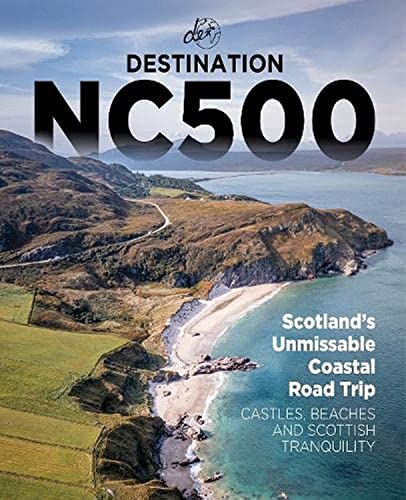 Map or guidebook cover with Scottish landscape and route information for NC500 road trip.