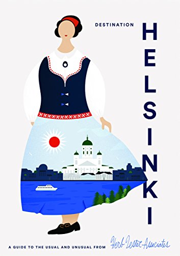 Book cover: woman in Finnish folk dress with Helsinki skyline skirt.