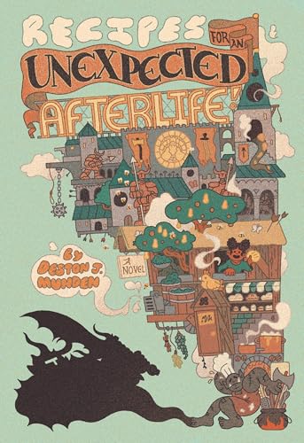 Book cover with illustrated fantasy town, dragon, and figures cooking.