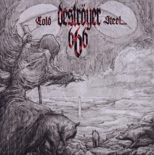 Black and white album cover with grim reaper, dogs, and swords.