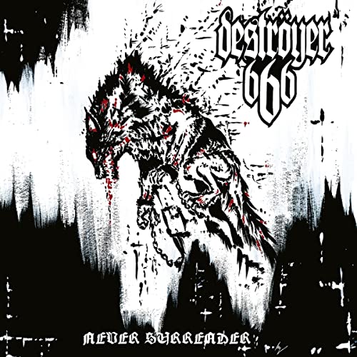 Destroyer 666 CD cover: black and white illustration of a monstrous wolf.