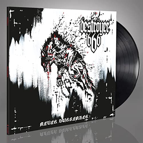 Destroyer 666 “Never Surrender” vinyl record with a dark, chaotic album cover.