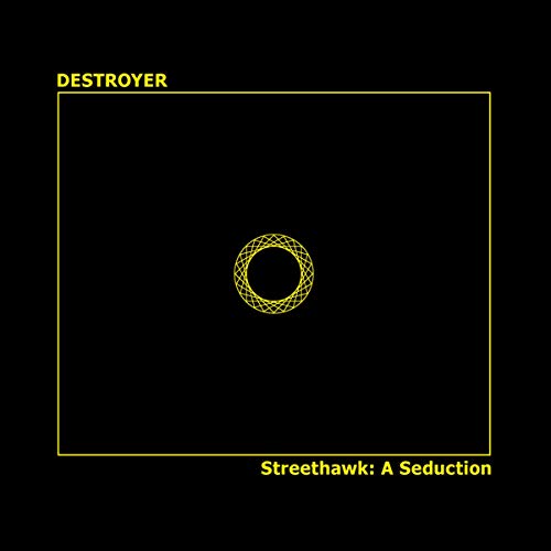 Album cover with yellow text and a yellow geometric circle on a black background.