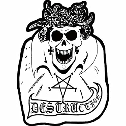 Black and white skull illustration with pentagram and band name "Destruction".
