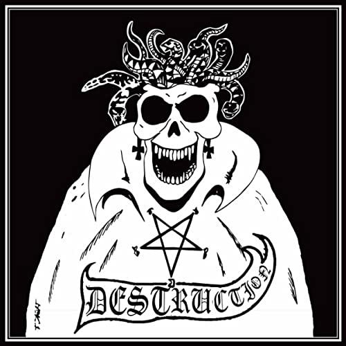 Black and white illustration of a horned skull with the band name "Destruction".