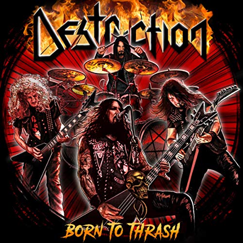 Destruction band performing live, album cover with fiery red and black design.