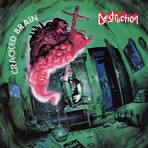 CD cover: surreal, green room scene with figures and a cracked brain.