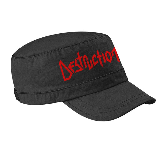 Black army cap with red "Destruction" logo, angled view.
