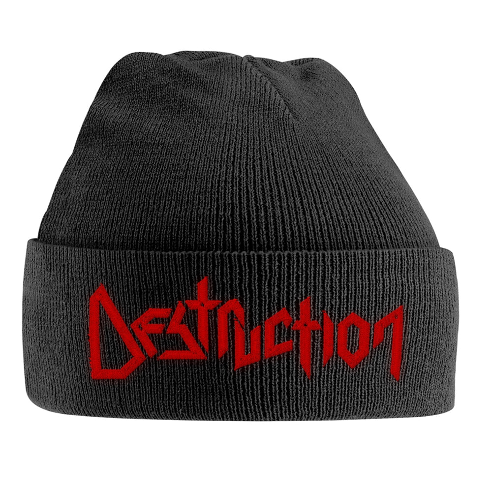 Black knit beanie with red "Destruction" logo across the front.