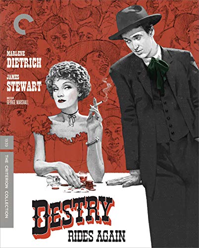 Destry Rides Again" Blu-ray cover featuring Marlene Dietrich and James Stewart.