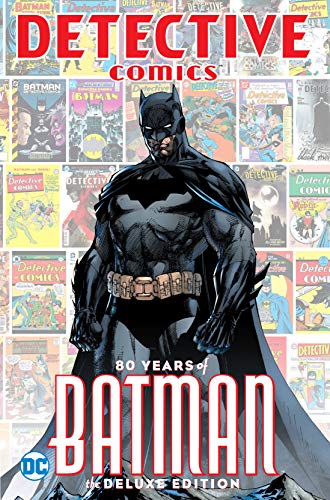 Batman stands powerfully against a collage of classic Detective Comics covers.