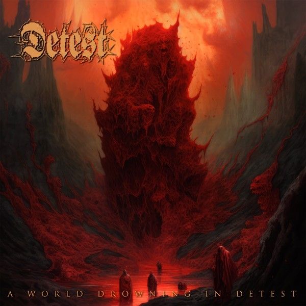 Dark album cover with red, monstrous figure and silhouetted people.