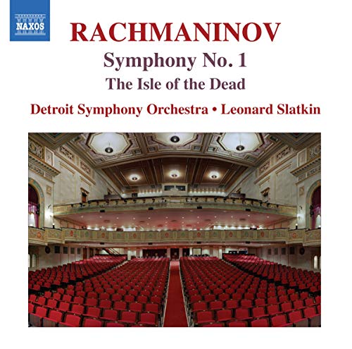 CD cover for Rachmaninov’s Symphony No. 1 with concert hall image.
