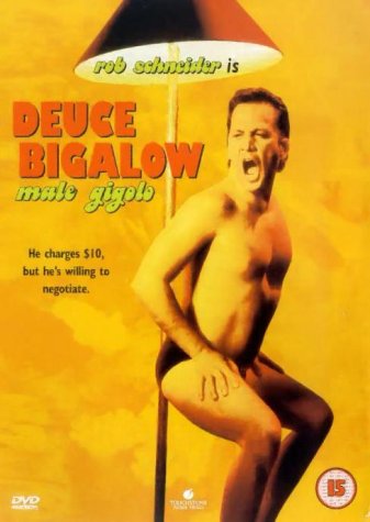 DVD cover featuring a shirtless man on a lampstand, yellow background, comedic tone.