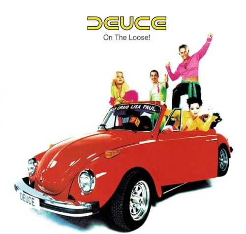 Red Volkswagen Beetle with four people, album cover for Deuce.