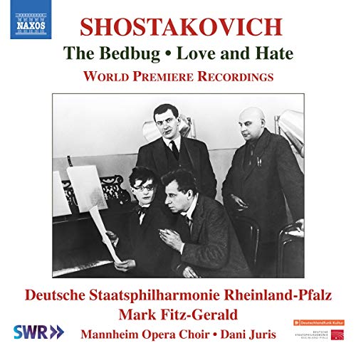 "CD cover with black-and-white photo of four men in suits, Shostakovich's name in red."