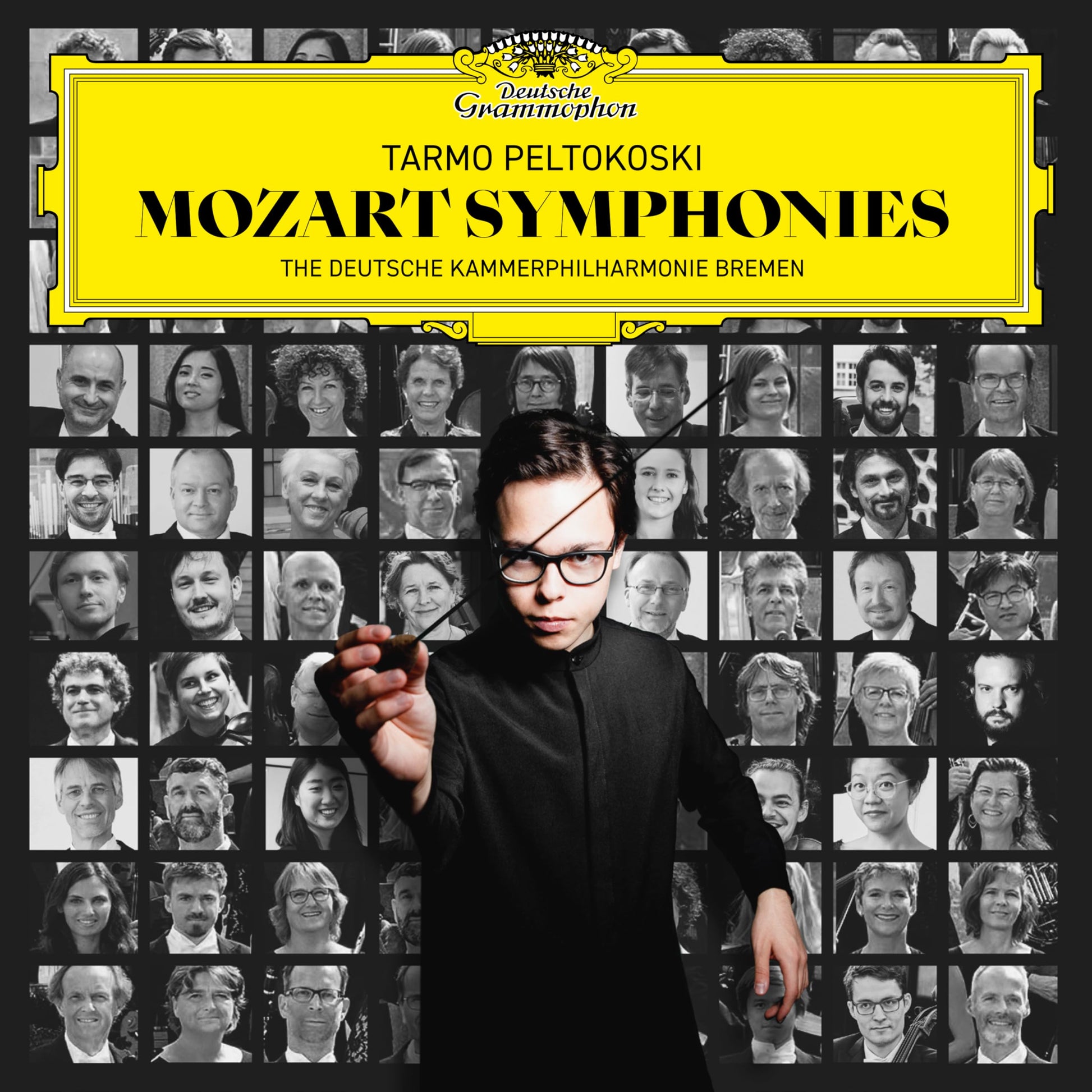 CD cover: Mozart symphonies with conductor Tarmo Peltokoski and orchestra portraits.