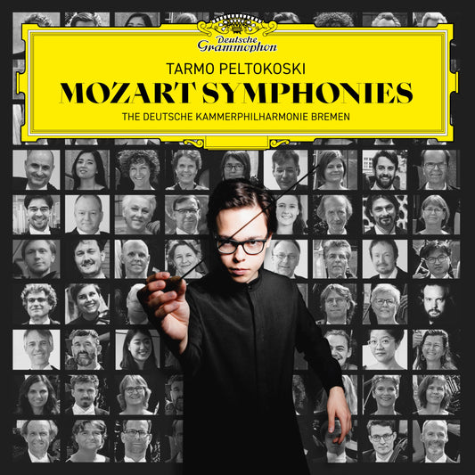 CD cover: Mozart symphonies with conductor Tarmo Peltokoski and orchestra portraits.