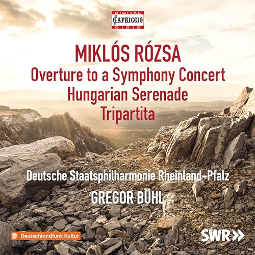 CD cover for Miklós Rózsa classical music, with mountain landscape.