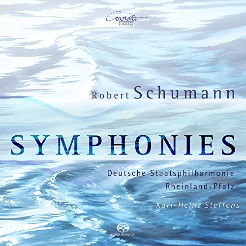 CD cover art featuring Robert Schumann Symphonies by Deutsche Staatsphilharmonie Rheinland-Pfalz over blue water.