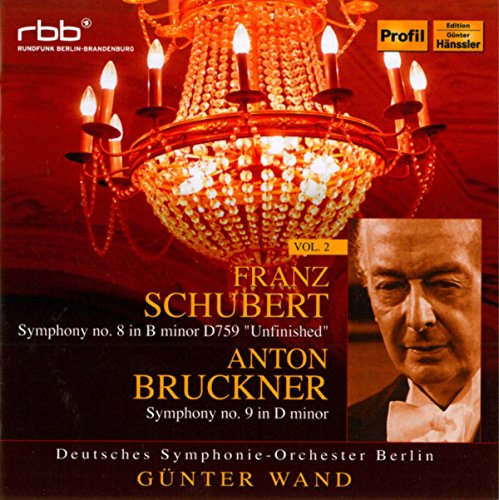 CD cover featuring a chandelier, portraits of Schubert and Bruckner, and text.